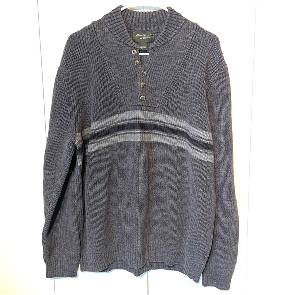 Eddie Bauer Sweater Men’s Size XL Gray Henley Button Cable Knit Ribbed Chunky - Picture 2 of 6